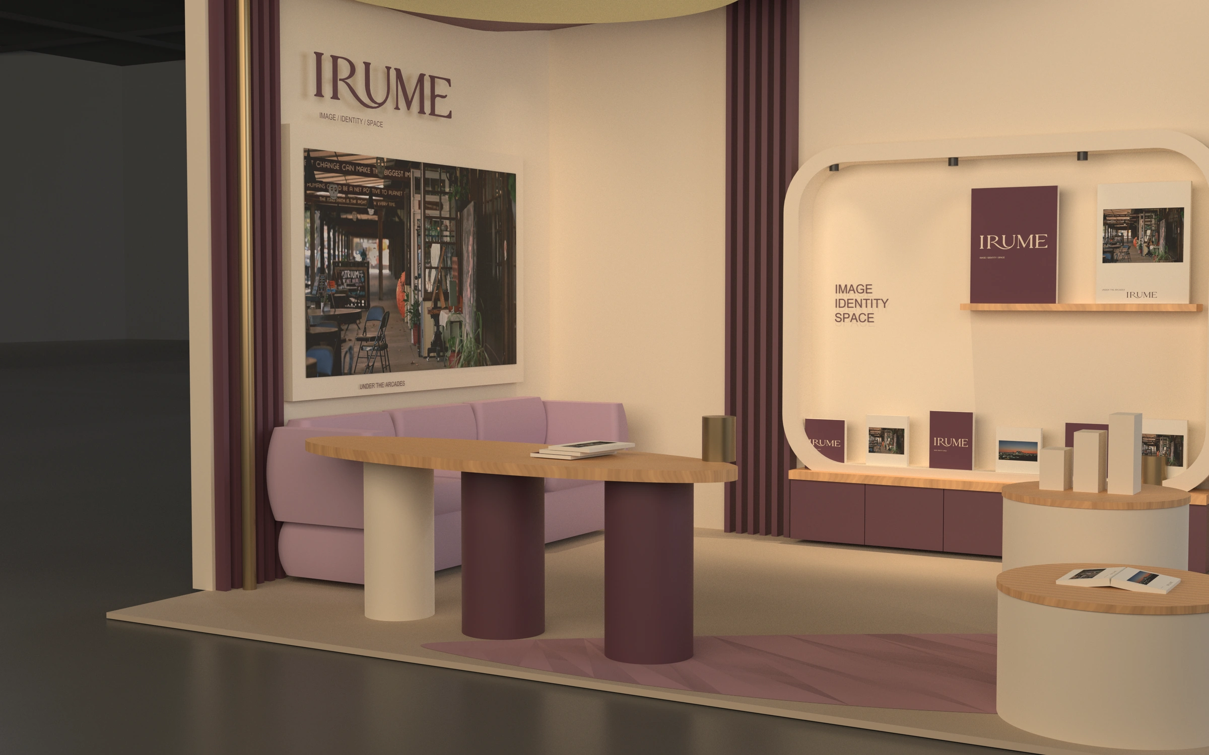 Rhino render of the IN FRAME conversation area, with a curved sofa and a long table supported by three cylindrical legs