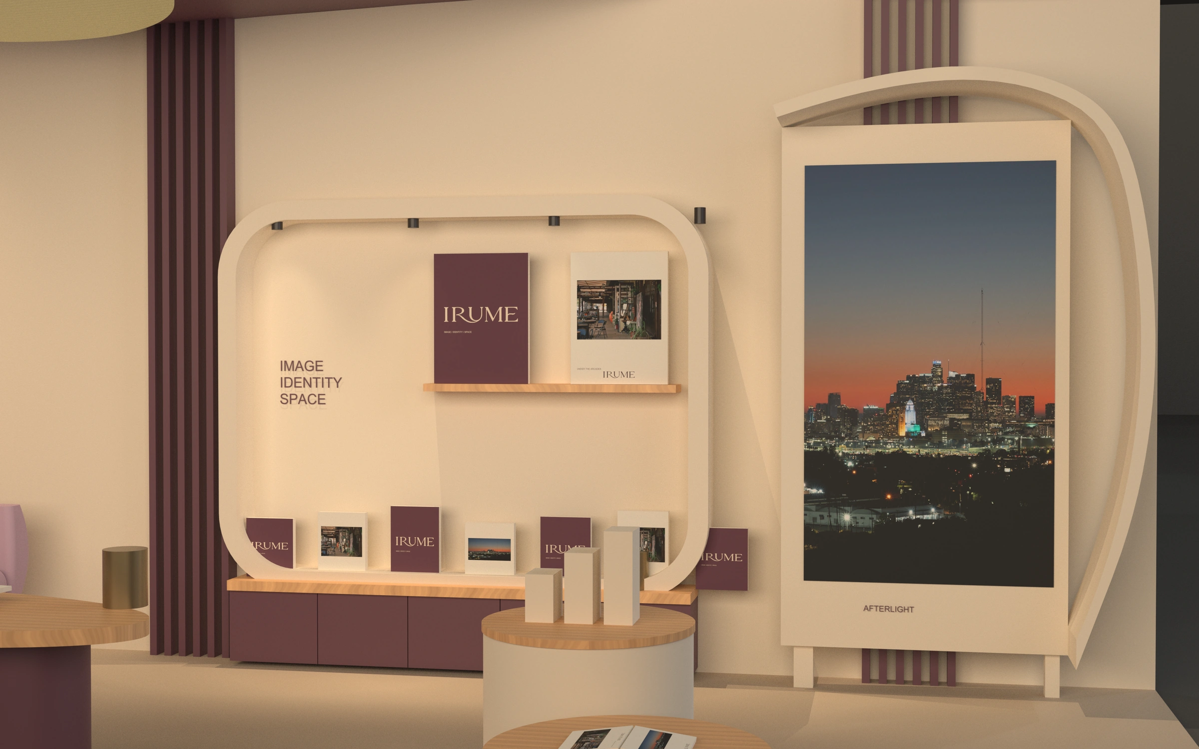 Rhino render of the IN FRAME photographic display and rounded wall-side niche with shelves for books and printed publications