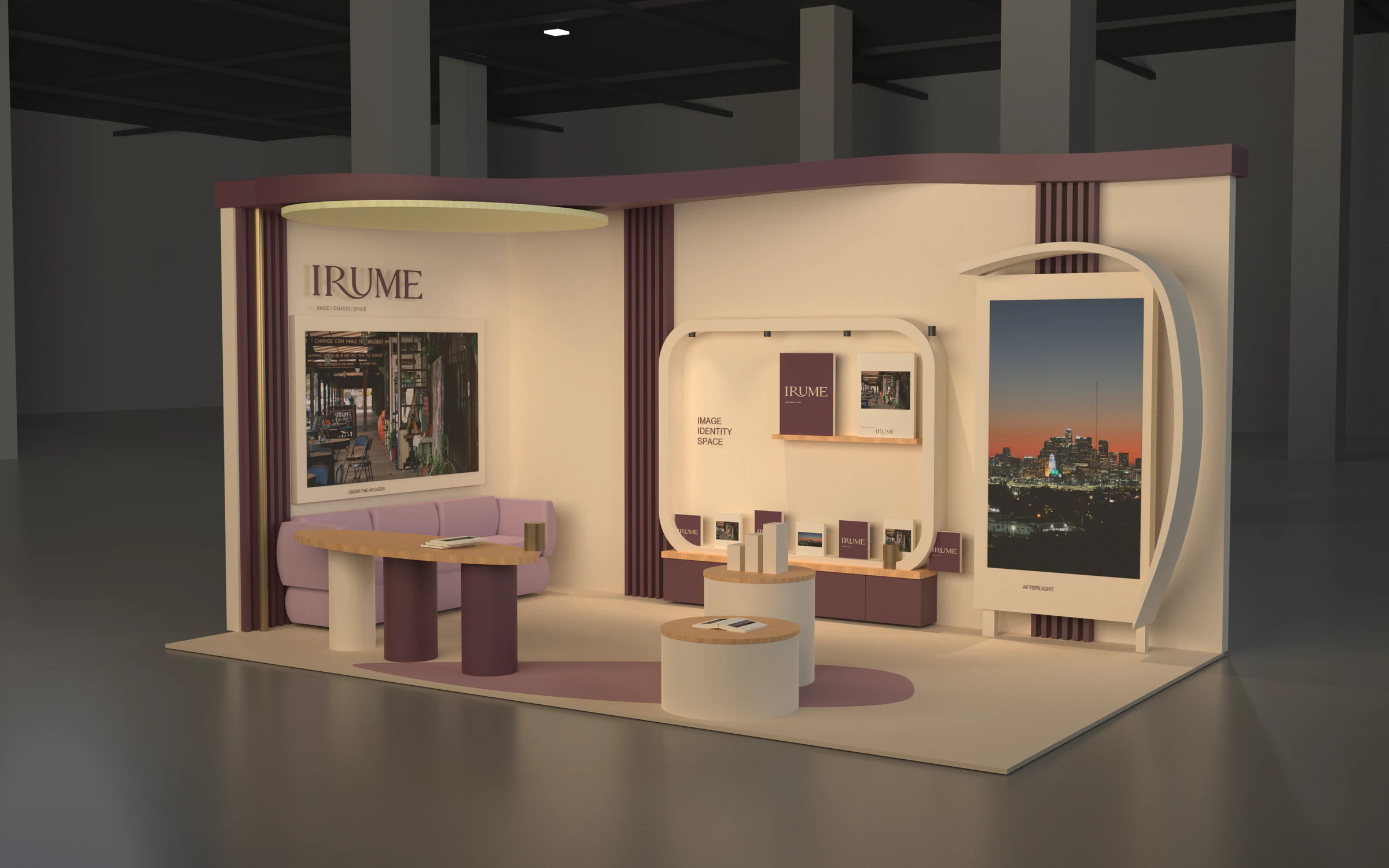 Rhino render of the unbuilt IN FRAME concept in an exhibition hall, showing its open front, dusty plum wave-shaped canopy, ivory curved display shell and seating area