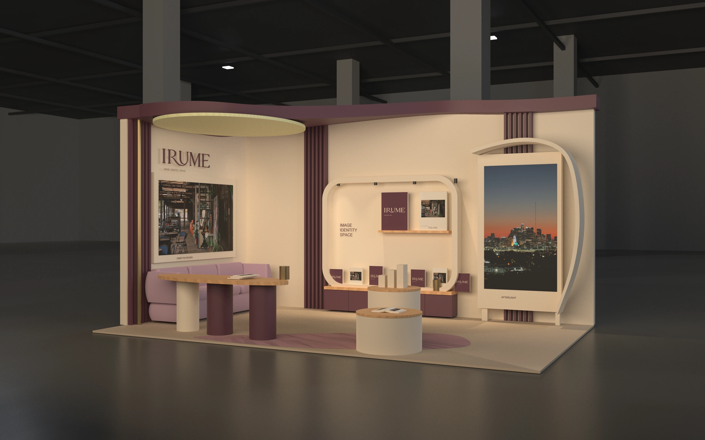 Rhino render of IN FRAME from an alternative viewpoint, showing the open entrance and relationships between the photographic displays, publication niche, round plinths and seating area