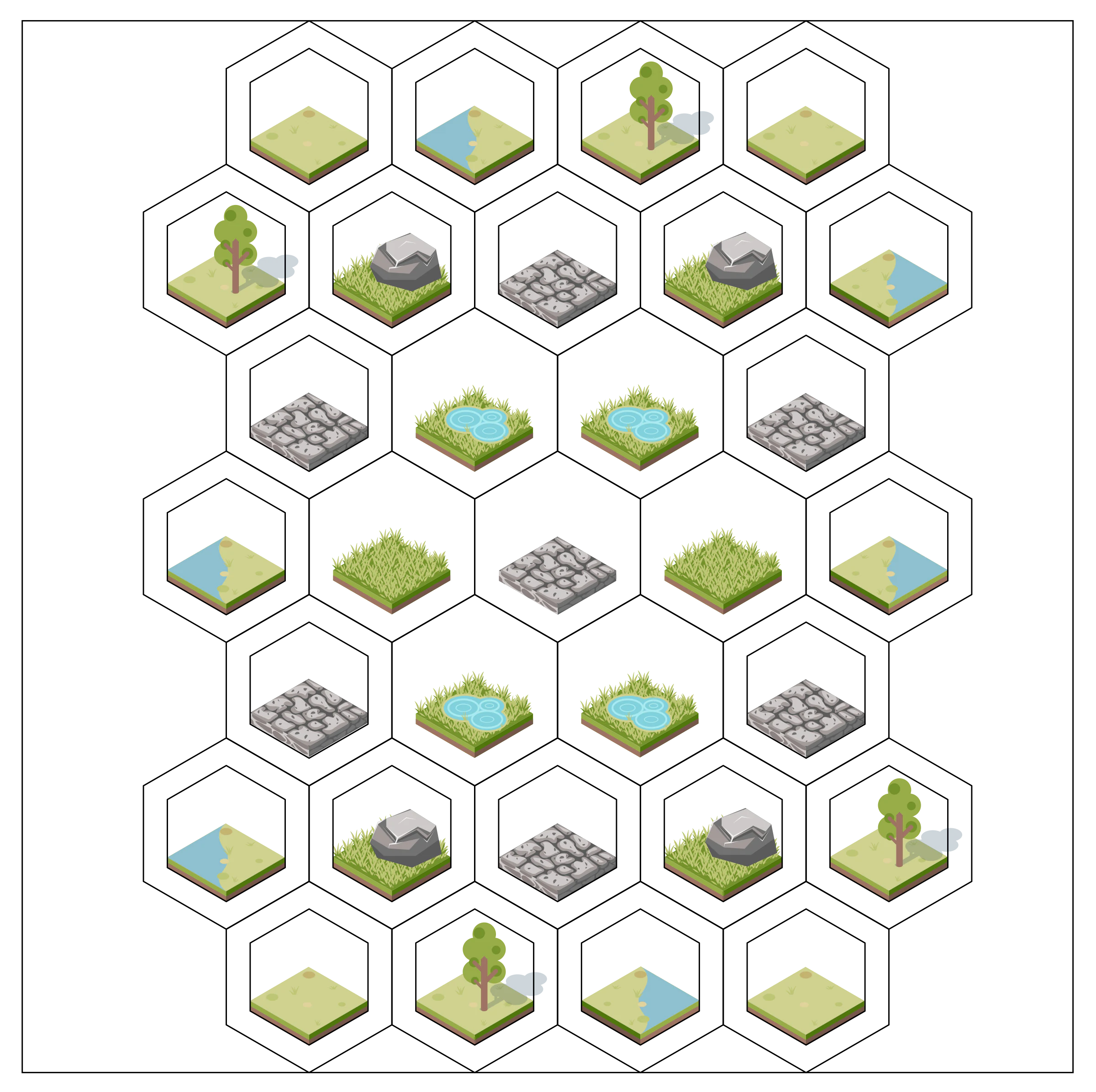 The complete square Atlantis board containing a hexagonal island, terrain illustrations and open central cells