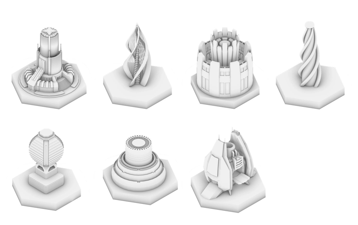 Seven white architectural common-system tokens in the original arrangement of four above and three below
