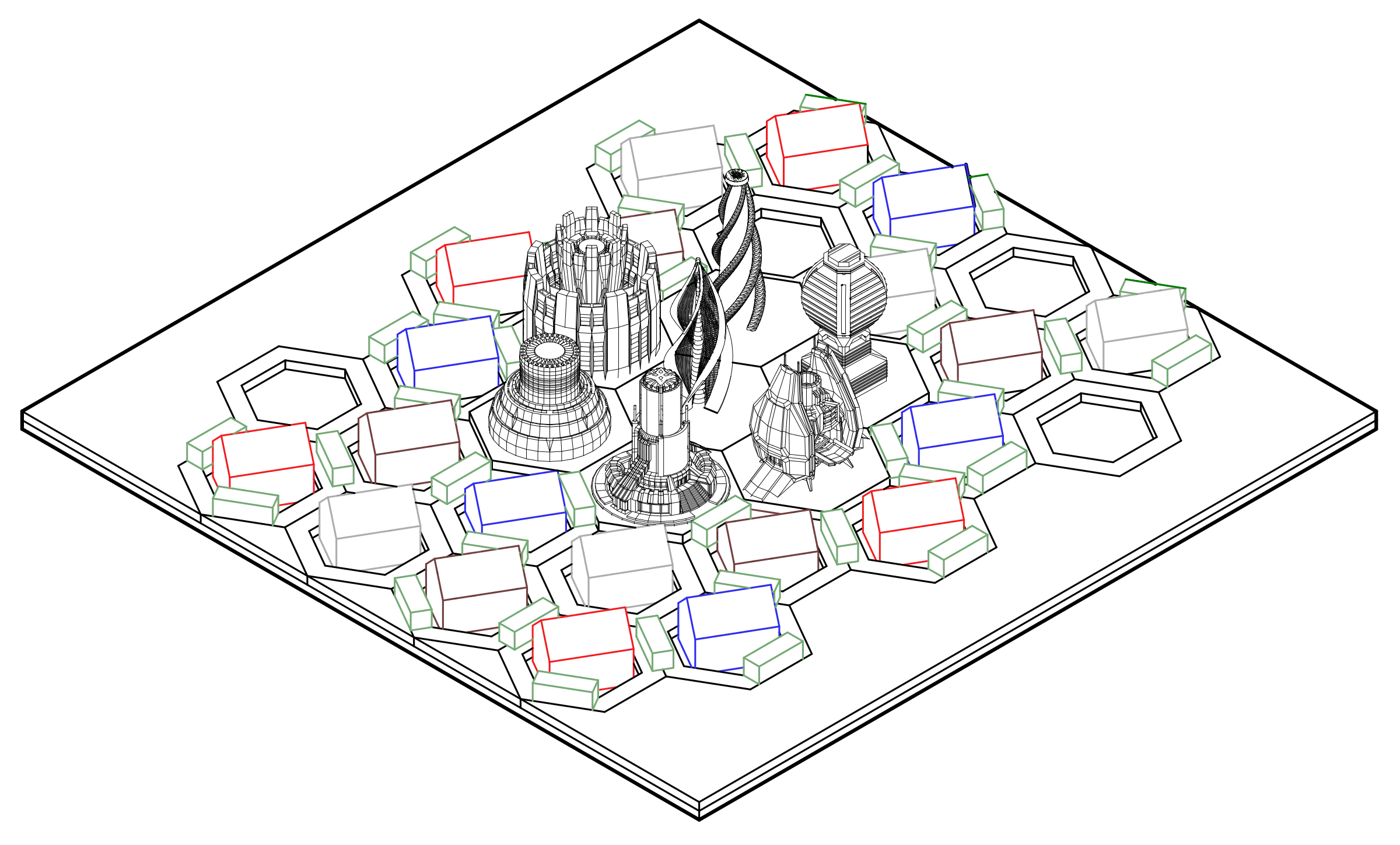 The Commons: an axonometric study with communities around seven central architectural pieces