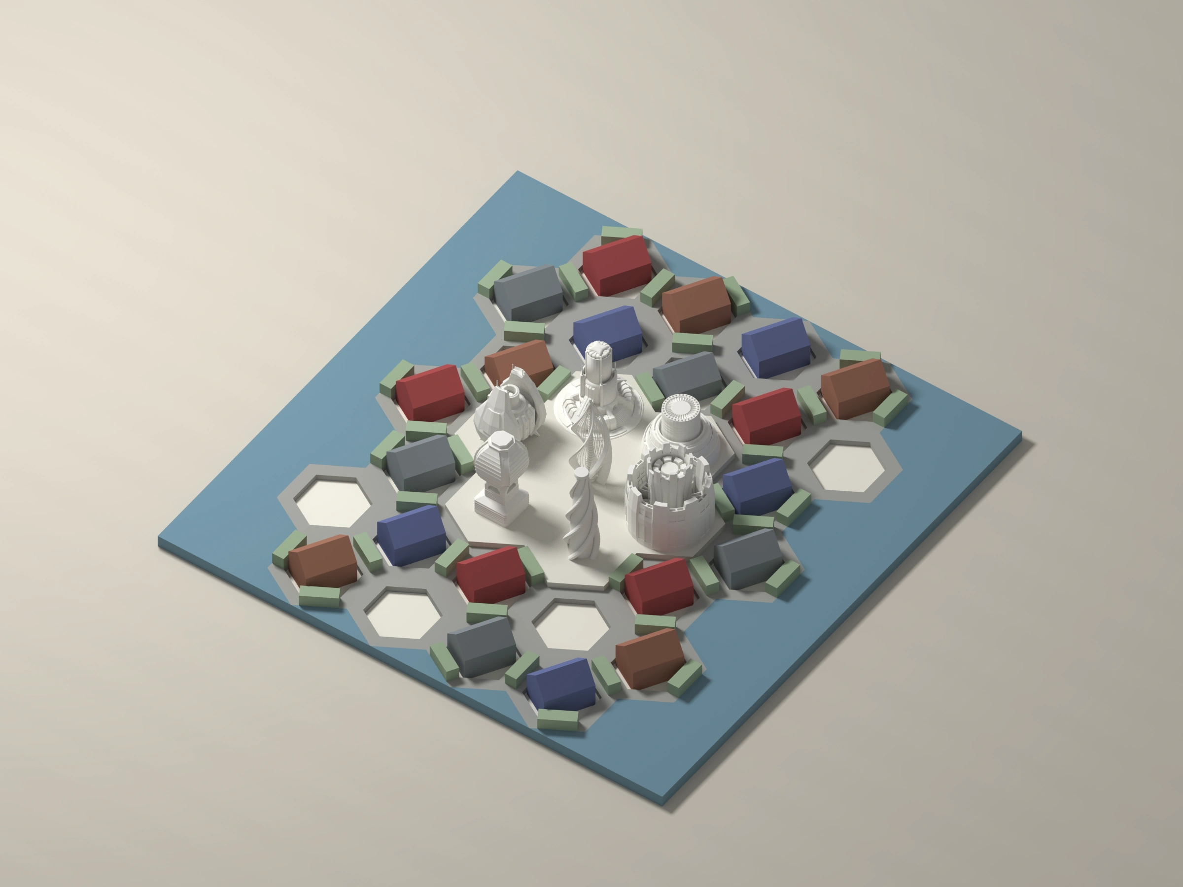 The complete gray-blue Atlantis board with colored community and resource pieces and seven ivory architectural tokens
