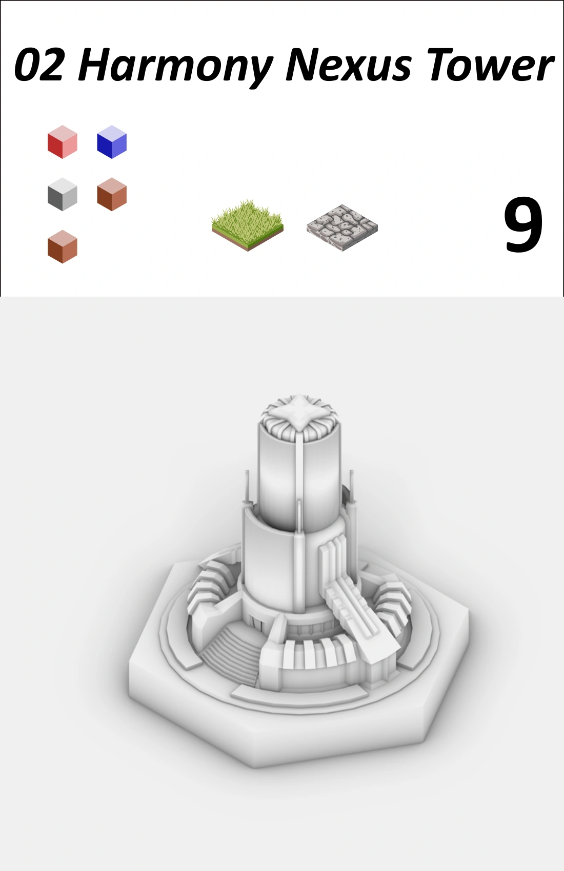 Original Harmony Nexus Tower common-system card, including resource symbols, score and building image