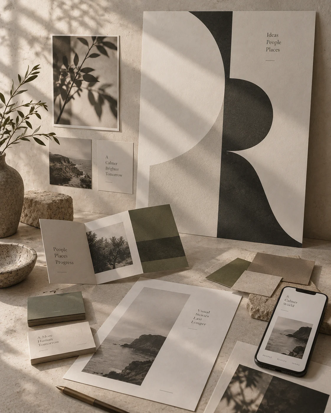 Geometric poster, photographs, printed stationery and a phone arranged on a table