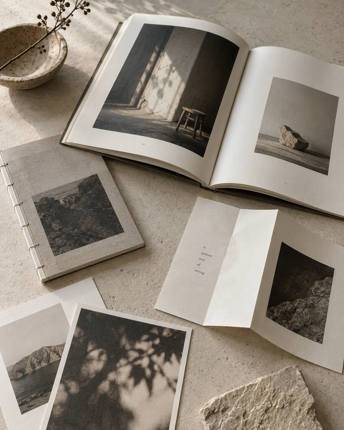 An open photo book, a bound booklet and loose photographic prints