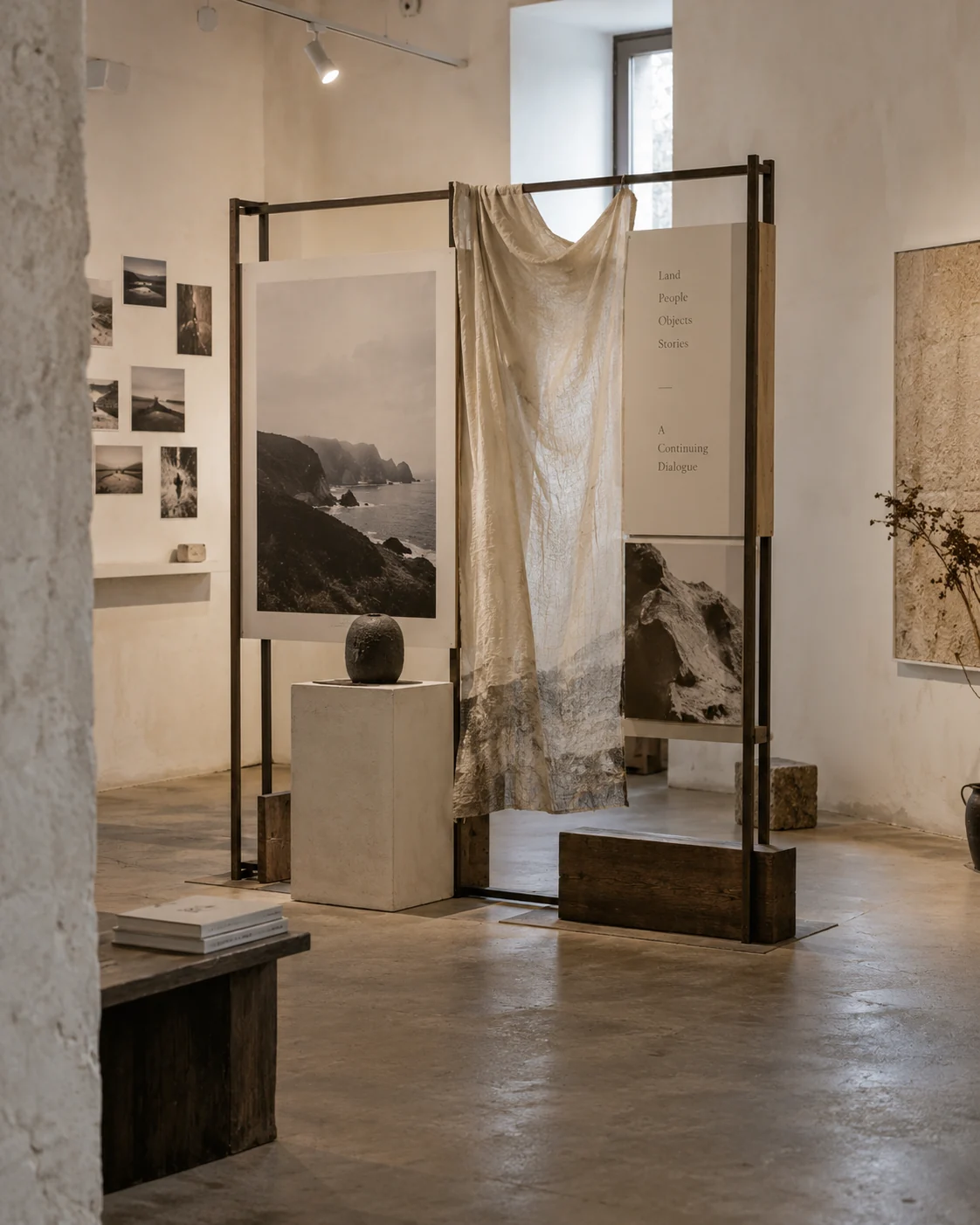 Photographic prints and draped fabric on a freestanding exhibition frame