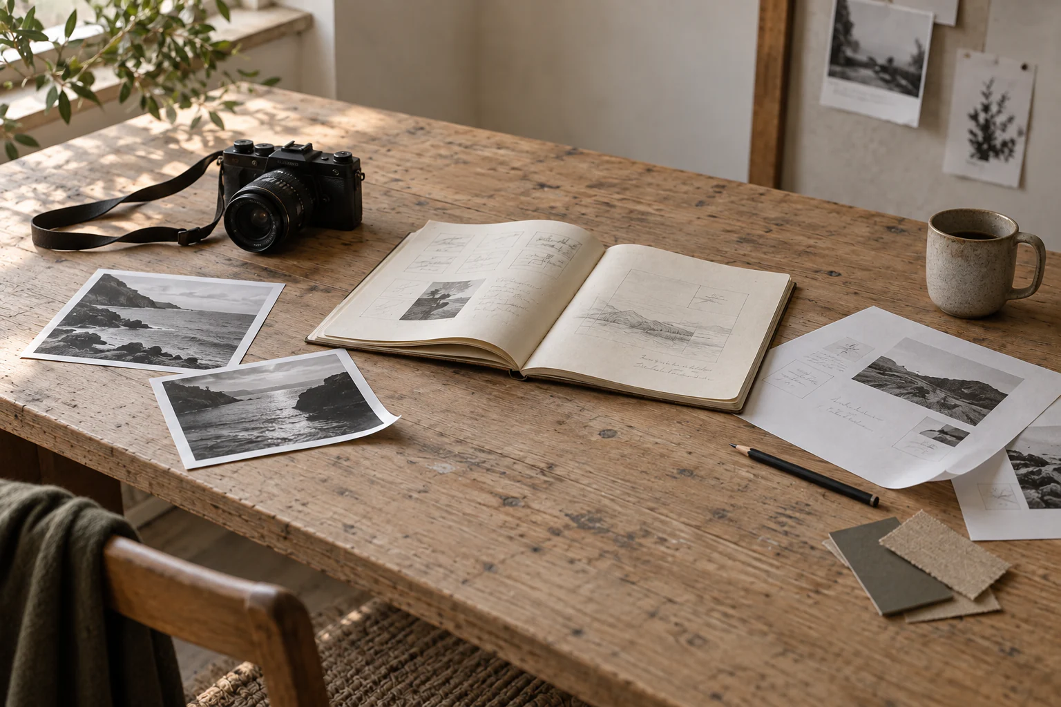 A camera, open sketchbook, photographic prints and a mug on a wooden table