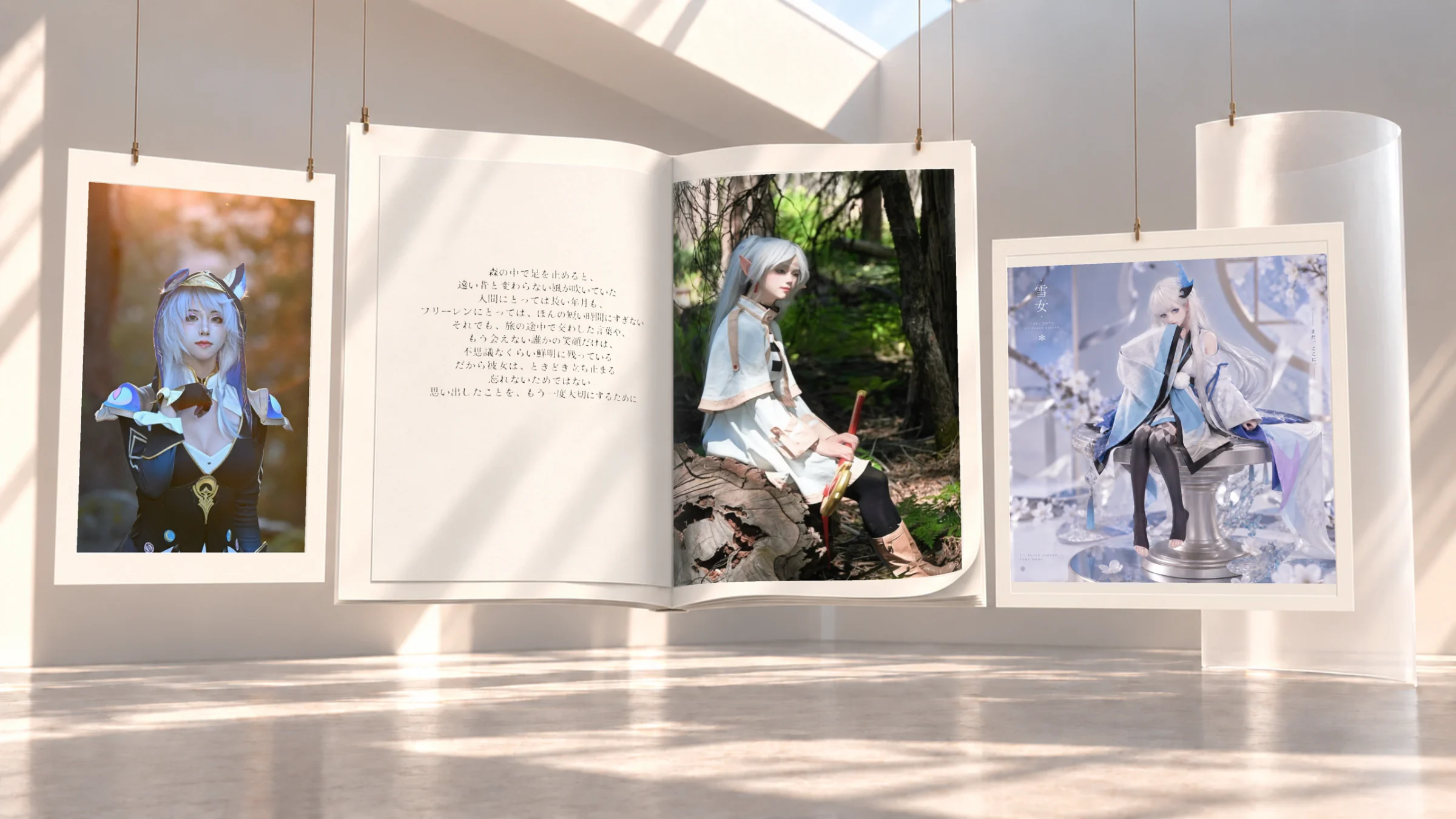 Gallery-style display of cosplay work: hanging portrait prints, an open photo book with Japanese text and a framed character print in a sunlit white room
