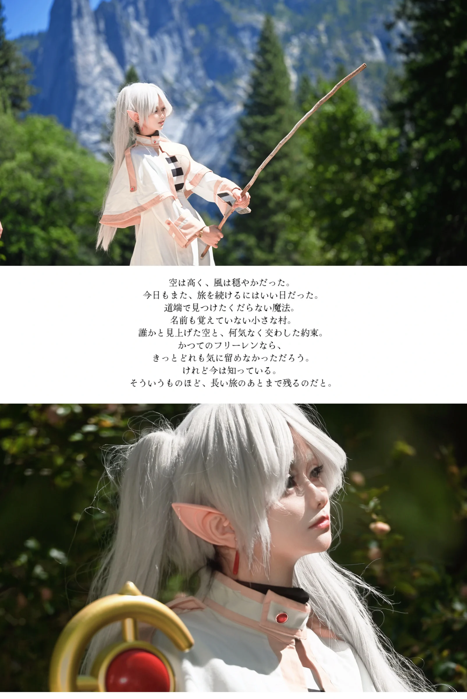 Two white-haired character portraits arranged above and below a block of Japanese text